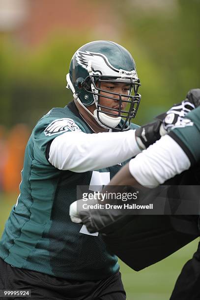 Offensive tackle Jeraill McCuller of the Philadelphia Eagles blocks during practice on May 19, 2010 at the NovaCare Complex in Philadelphia,...