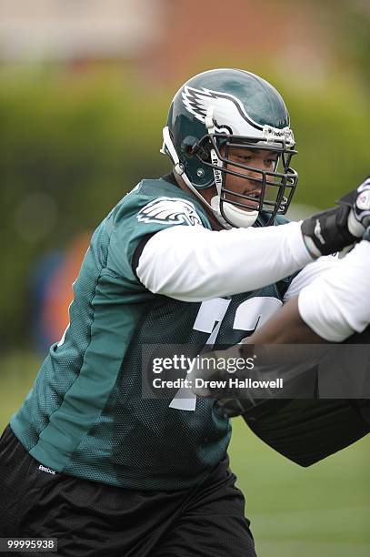 Offensive tackle Jeraill McCuller of the Philadelphia Eagles blocks during practice on May 19, 2010 at the NovaCare Complex in Philadelphia,...