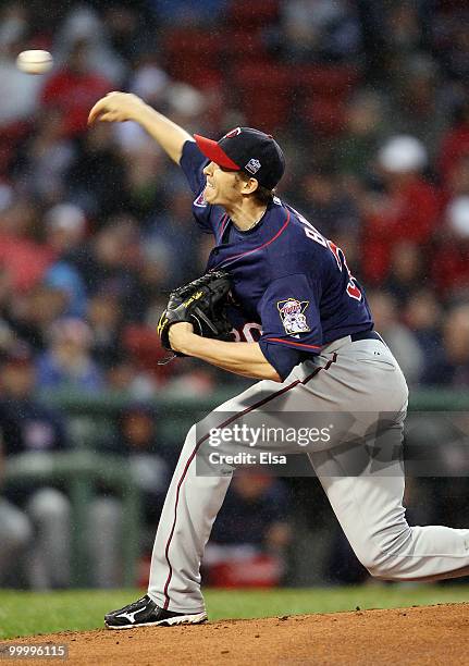 Scott Baker of the Minnesota Twins delivers a pitch in the first inning against the Boston Red Sox on May 19, 2010 at Fenway Park in Boston,...