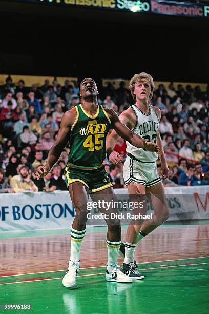 Jeff Wilkins of the Utah Jazz boxes out against Larry Bird of the Boston Celtics during a game played in 1983 at the Boston Garden in Boston,...