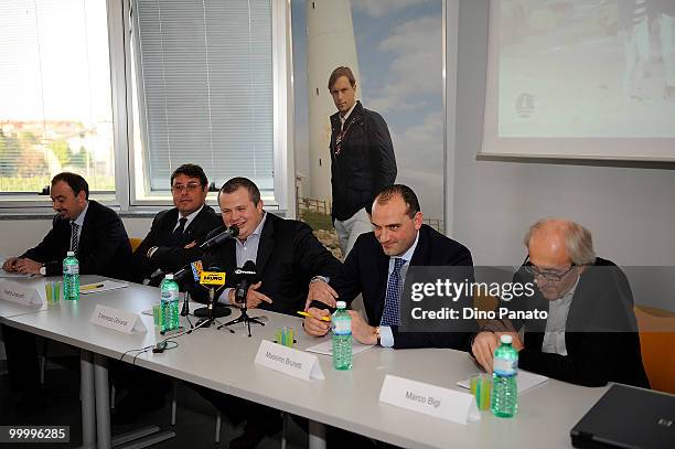 Pietro Leonardi, President of FC Parma Tommaso Ghirardi, President of Navigare Massimo Brunetti and Marco Bigi attend a press conference as Parma FC...