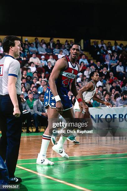 Rick Mahorn of the Washington Bullets reacts to a call againt the Boston Celtics during a game played in 1983 at the Boston Garden in Boston,...