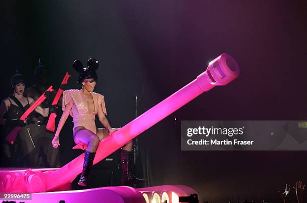 Rihanna performs during her Last Girl on Earth Tour at SECC on May 19, 2010 in Glasgow, Scotland.