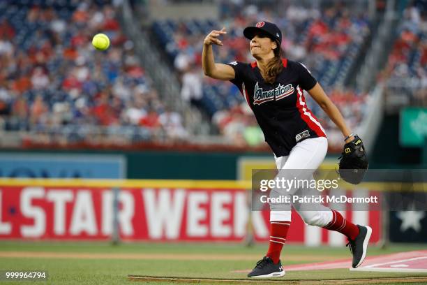 Jessica Mendoza pitches during the All-Star and Legends Celebrity Softball Game at Nationals Park on July 15, 2018 in Washington, DC.