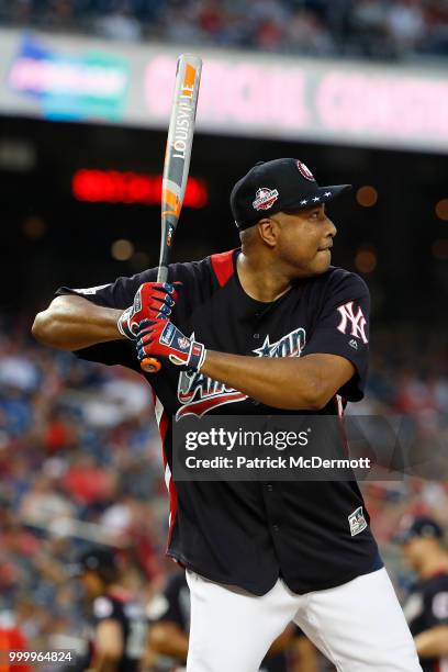 Bernie Williams bats during the All-Star and Legends Celebrity Softball Game at Nationals Park on July 15, 2018 in Washington, DC.