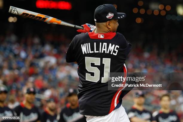 Bernie Williams bats during the All-Star and Legends Celebrity Softball Game at Nationals Park on July 15, 2018 in Washington, DC.