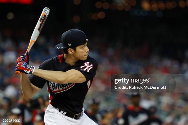 Brandon Larracuente bats during the All-Star and Legends Celebrity Softball Game at Nationals Park on July 15, 2018 in Washington, DC.