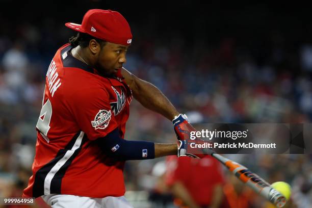 Josh Norman bats during the All-Star and Legends Celebrity Softball Game at Nationals Park on July 15, 2018 in Washington, DC.