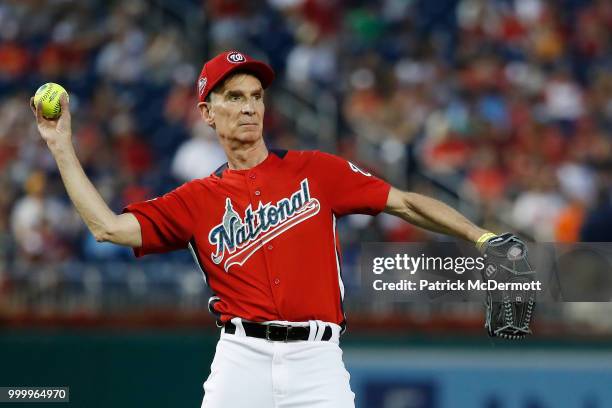 Bill Nye makes a throw during the All-Star and Legends Celebrity Softball Game at Nationals Park on July 15, 2018 in Washington, DC.