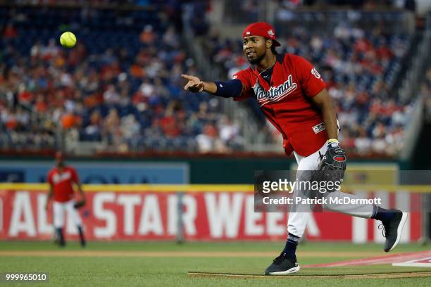 Josh Norman pitches during the All-Star and Legends Celebrity Softball Game at Nationals Park on July 15, 2018 in Washington, DC.