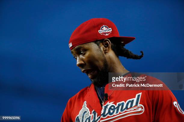 Josh Norman reacts during the All-Star and Legends Celebrity Softball Game at Nationals Park on July 15, 2018 in Washington, DC.