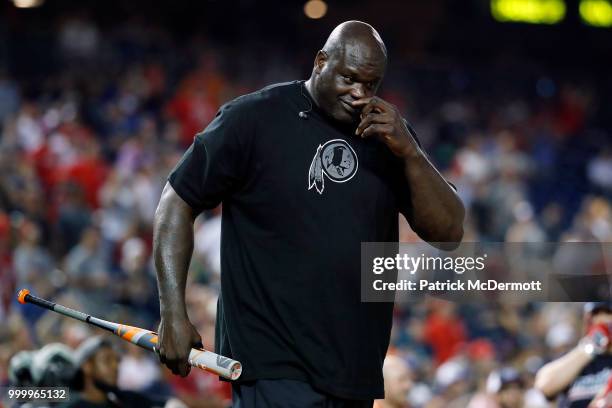 Shaquille O'Neal bats during the All-Star and Legends Celebrity Softball Game at Nationals Park on July 15, 2018 in Washington, DC.