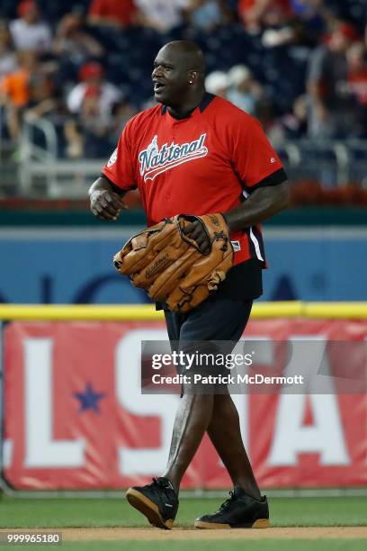 Shaquille O'Neal in action during the All-Star and Legends Celebrity Softball Game at Nationals Park on July 15, 2018 in Washington, DC.