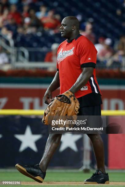 Shaquille O'Neal in action during the All-Star and Legends Celebrity Softball Game at Nationals Park on July 15, 2018 in Washington, DC.