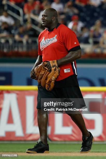 Shaquille O'Neal in action during the All-Star and Legends Celebrity Softball Game at Nationals Park on July 15, 2018 in Washington, DC.