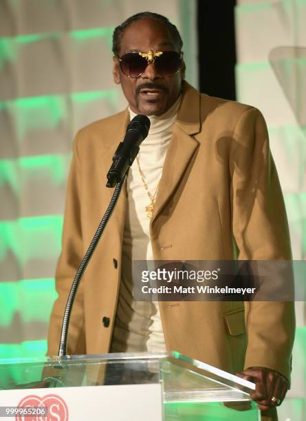 Snoop Dogg speaks onstage during the 33rd Annual Cedars-Sinai Sports Spectacular at The Compound on July 15, 2018 in Inglewood, California.