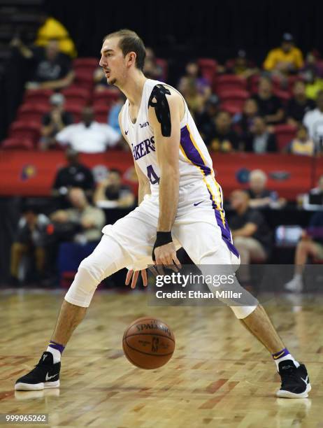 Alex Caruso of the Los Angeles Lakers handles the ball against the Detroit Pistons during a quarterfinal game of the 2018 NBA Summer League at the...