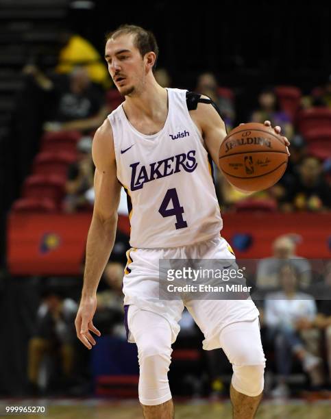 Alex Caruso of the Los Angeles Lakers handles the ball against the Detroit Pistons during a quarterfinal game of the 2018 NBA Summer League at the...