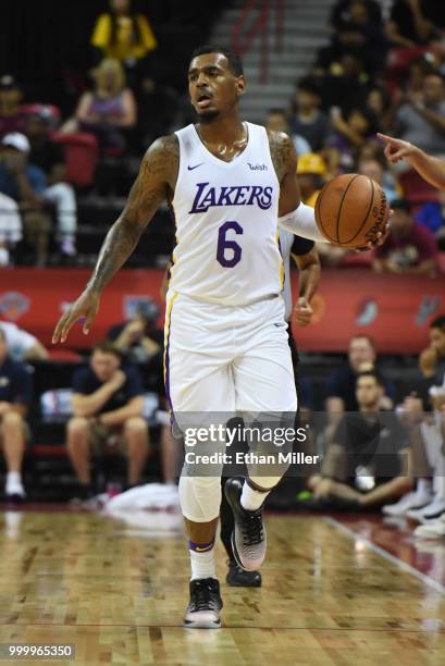 Xavier Rathan-Mayes of the Los Angeles Lakers brings the ball up the court against the Detroit Pistons during a quarterfinal game of the 2018 NBA...