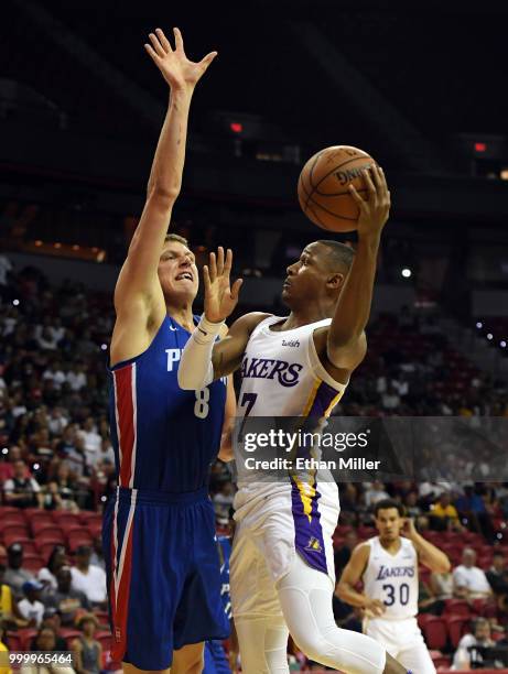 Demarcus Holland of the Los Angeles Lakers shoots against Henry Ellenson of the Detroit Pistons during a quarterfinal game of the 2018 NBA Summer...