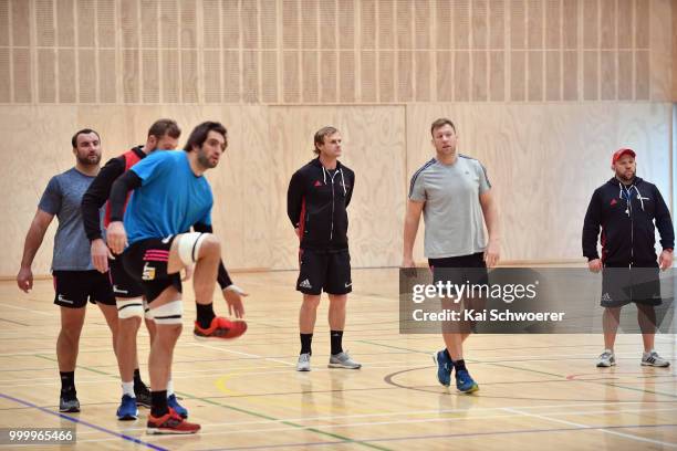 Head Coach Scott Robertson looks on during a Crusaders Super Rugby training session at St Andrew's College on July 16, 2018 in Christchurch, New...