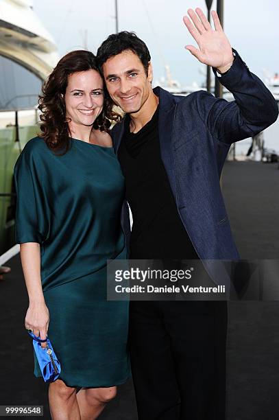 Chiara Giordano and actor Raul Bova attend the Fair Game Cocktail Party hosted by Giorgio Armani held aboard his boat 'Main' during the 63rd Annual...