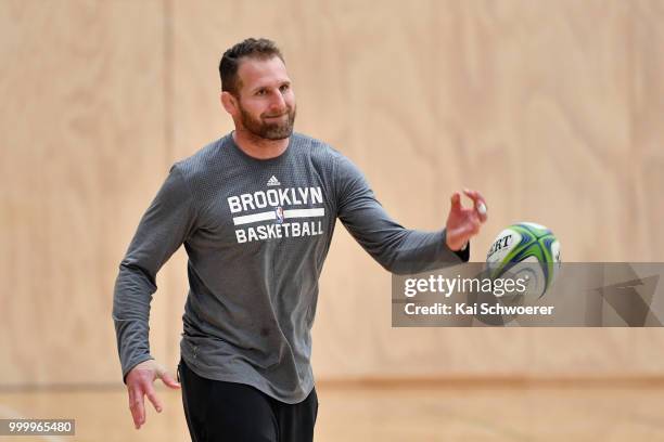 Kieran Read passes the ball during a Crusaders Super Rugby training session at St Andrew's College on July 16, 2018 in Christchurch, New Zealand.