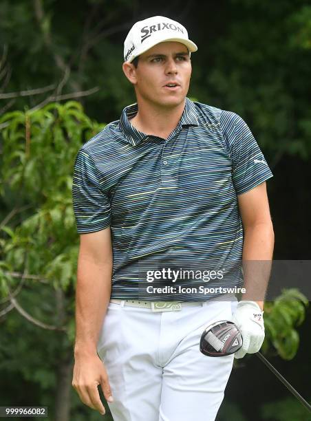 Matt Atkins watches the progress of his tee shot on the hole during the final round of the John Deere Classic on July 15 at TPC Deere Run, Silvis, IL.