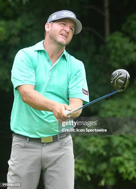 Jason Bohn reacts after hitting his tee shot on the hole during the final round of the John Deere Classic on July 15 at TPC Deere Run, Silvis, IL.