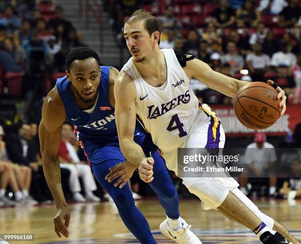 Alex Caruso of the Los Angeles Lakers drives against Bruce Brown of the Detroit Pistons during a quarterfinal game of the 2018 NBA Summer League at...