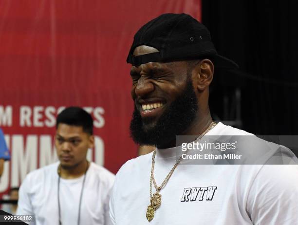 LeBron James of the Los Angeles Lakers laughs as he attends a quarterfinal game of the 2018 NBA Summer League between the Lakers and the Detroit...