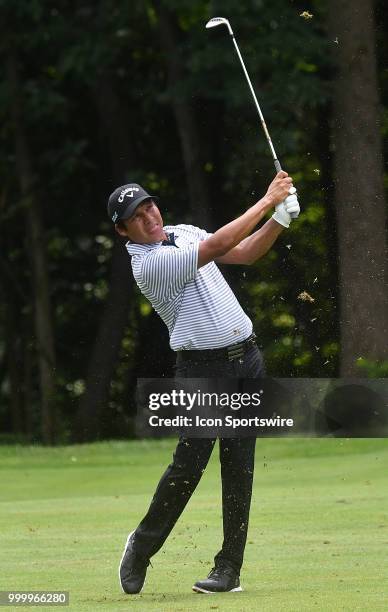 Andres Romero reacts after hitting his second shot other hole during the final round of the John Deere Classic on July 15 at TPC Deere Run, Silvis,...