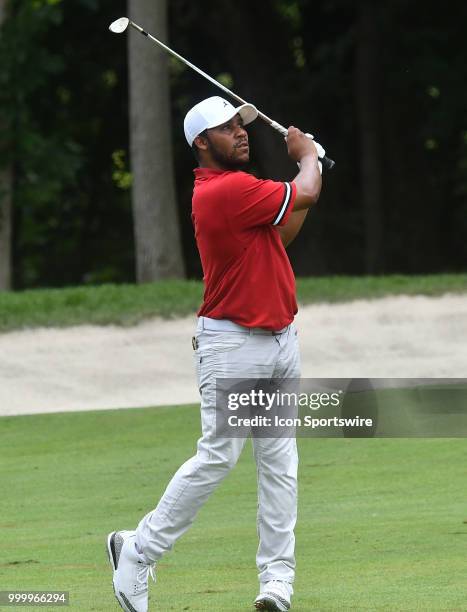 Harold Varner III hits his second shot on the hole during the final round of the John Deere Classic on July 15 at TPC Deere Run, Silvis, IL.
