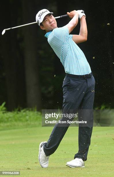 Michael Kim hits his second shot on the hole during the final round of the John Deere Classic on July 15 at TPC Deere Run, Silvis, IL.