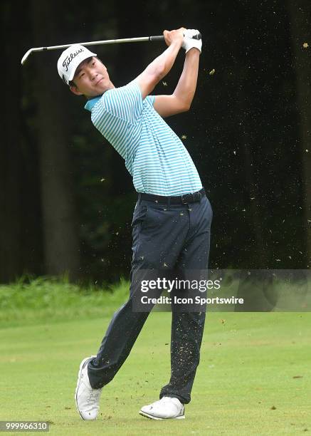 Michael Kim hits his second shot on the hole during the final round of the John Deere Classic on July 15 at TPC Deere Run, Silvis, IL.