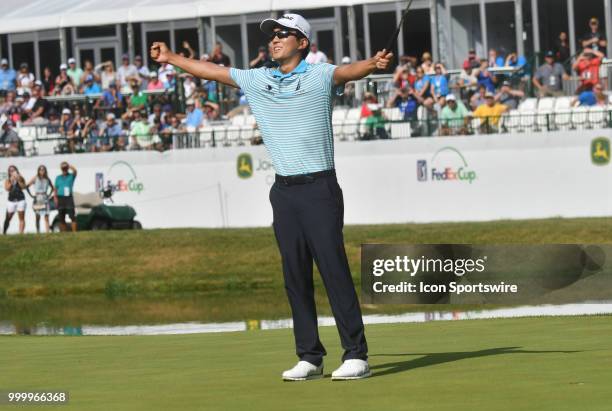 Michael Kim reacts after winning the John Deere Classic on July 15 at TPC Deere Run, Silvis, IL.