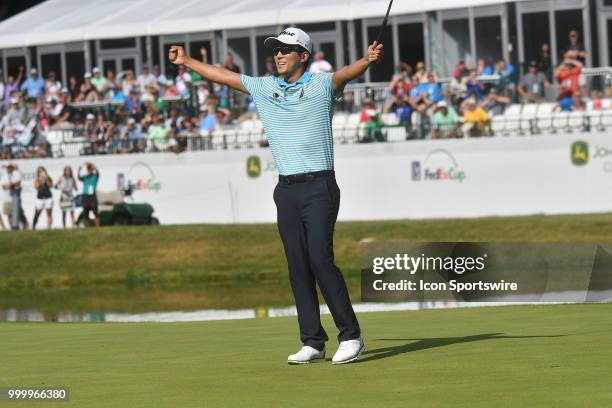 Michael Kim reacts after winning the John Deere Classic on July 15 at TPC Deere Run, Silvis, IL.