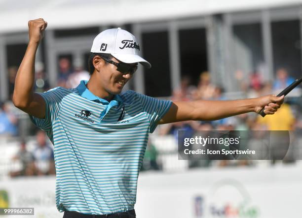 Michael Kim reacts after winning the John Deere Classic on July 15 at TPC Deere Run, Silvis, IL.