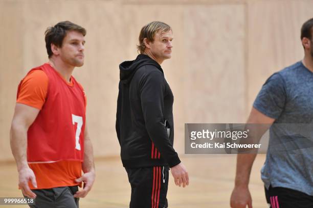 Head Coach Scott Robertson looks on during a Crusaders Super Rugby training session at St Andrew's College on July 16, 2018 in Christchurch, New...