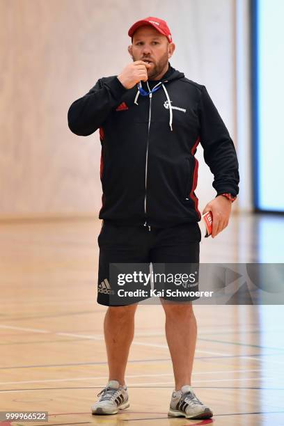 Assistant Coach Jason Ryan reacts during a Crusaders Super Rugby training session at St Andrew's College on July 16, 2018 in Christchurch, New...