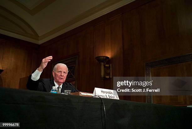 May 19: Former Secretary of State James Baker testifies during the Senate Foreign Relations hearing on the new Strategic Arms Reduction Treaty .