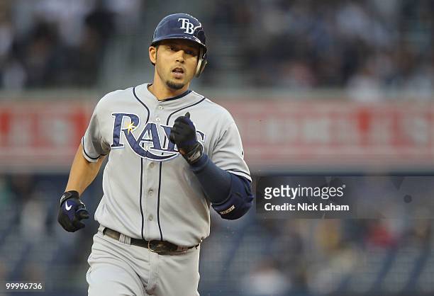 Jason Bartlett of the Tampa Bay Rays rounds the bases after a solo home run in the first inning against the New York Yankees at Yankee Stadium on May...