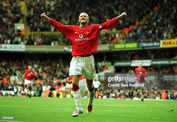 Dacid Beckham of Manchester United celebrates after scoring the 5th goal during the FA Barclaycard Premiership match between Tottenham Hotspur and...