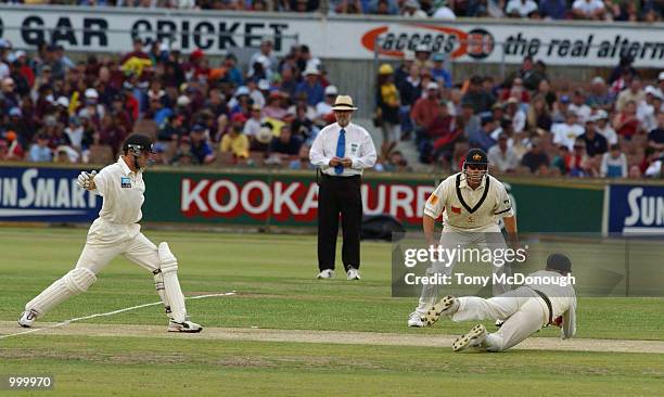 Lou Vincent for New Zealand makes fielder Ricky Ponting jump for a catch during the 3rd Test match between Australia and New Zealand at the WACA...