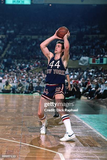 Paul Westphal of the New York Knicks passes against the Boston Celtics during a game played in 1983 at the Boston Garden in Boston, Massachusetts....