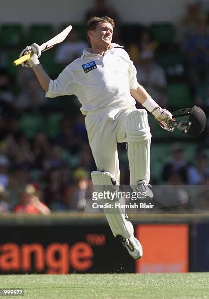 Lou Vincent of New Zealand celebrates his century during day one of the Third Test between Australia and New Zealand played at The WACA, Perth,...