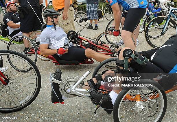 War veterans get ready to start their 12 mile loop ride as they prepare to kick off their 3 day "Wounded Warrior Project Soldier Ride" to San Diego...