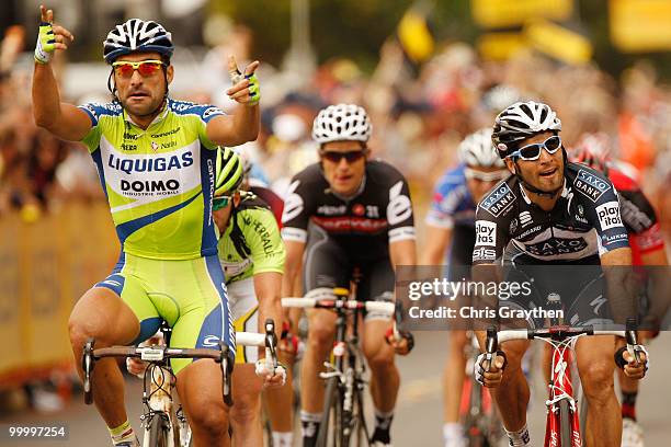 Francesco Chicchi of Italy, riding for team Liquigas-Doimo celebrates as he wins the sprint to the finish line on the fourth stage of the Tour of...