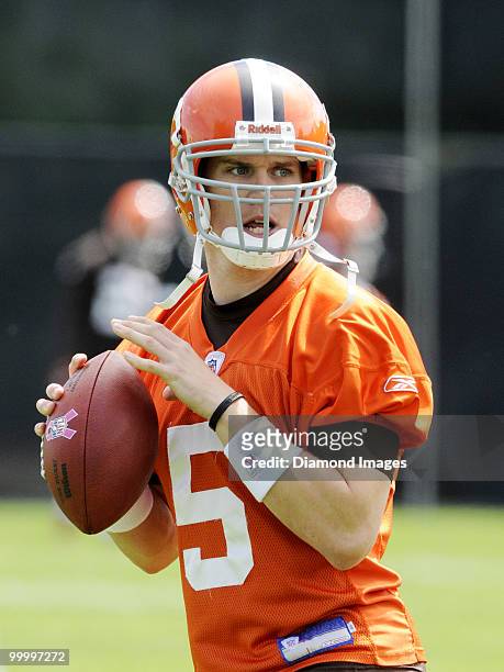 Quarterback Brett Ratliff of the Cleveland Browns looks for an open receiver during the team's organized team activity on May 19, 2010 at the...