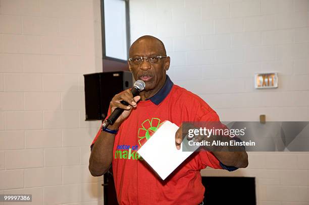 Bob Lanier, NBA Legend, welcomes volunteers to begin the Leadership Detroit initiative during the 2010 Motor City Makeover project at Butzel Family...